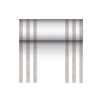 Metalicznie odbijający się cylinder zawieszony jest na trzech pionowych, równoległych brązowych liniach po każdej stronie, co przypomina nowoczesny design bieżnika stołowego podobnego do tkaniny PV-Tissue Mix z kolekcji „ROYAL Collection“ firmy PAPSTAR na białym tle.