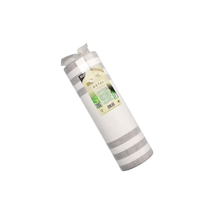 Rolka tekstyliów domowych w beżowo-białe paski z kolekcji „ROYAL Collection“ firmy PAPSTAR GmbH wykonana z mieszanki PV-Tissue, starannie zwinięta w przezroczyste plastikowe opakowanie z etykietą zawierającą szczegóły produktu. Mając długość 24 metry i szerokość 40 centymetrów, może być elegancko używany jako bieżnik stołowy.