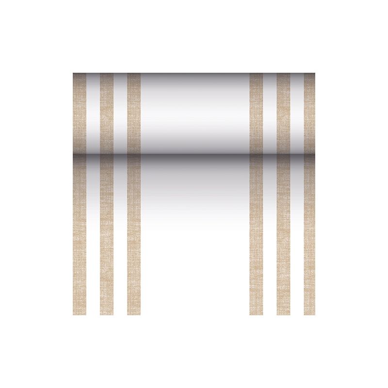 Bieżnik PAPSTAR podobny do tkaniny PV-Tissue Mix „ROYAL Collection“ firmy PAPSTAR GmbH to prostokątny bieżnik o wymiarach 24 metry na 40 centymetrów, którego biała powierzchnia jest ozdobiona z każdej strony dwoma parami pionowych brązowych linii, co nadaje mu symetryczny wygląd. W środku znajduje się gradient kolorystyczny, który zaczyna się ciemno w środku i rozjaśnia się ku krawędziom.