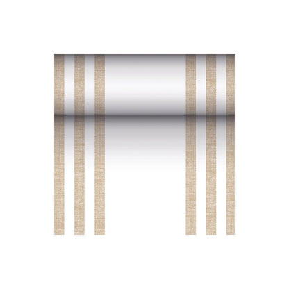 Bieżnik PAPSTAR podobny do tkaniny PV-Tissue Mix „ROYAL Collection“ firmy PAPSTAR GmbH to prostokątny bieżnik o wymiarach 24 metry na 40 centymetrów, którego biała powierzchnia jest ozdobiona z każdej strony dwoma parami pionowych brązowych linii, co nadaje mu symetryczny wygląd. W środku znajduje się gradient kolorystyczny, który zaczyna się ciemno w środku i rozjaśnia się ku krawędziom.