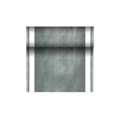 Rola zielonego bieżnika stołowego przypominającego materiał z PAPSTAR Bieżnik stołowy PV-Tissue Mix „ROYAL Collection“ z czystymi białymi krawędziami jest częściowo rozwinięta na prostym białym tle. Ten produkt wyprodukowany przez PAPSTAR GmbH ma lekko zwietrzały wygląd dzięki unikalnemu składowi z mieszanki masy celulozowej, wiskozy i tkaniny.