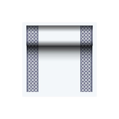 PAPSTAR Bieżnik stołowy przypominający materiał PV-Tissue Mix, „ROYAL Collection“ od PAPSTAR GmbH, składa się z wysokiej jakości mieszanki masy celulozowej, wiskozy i tkaniny. Posiada dwa wąskie ciemnoniebieskie brzegi z powtarzającym się wzorem X na eleganckim białym środku. Doskonale nadaje się do dodania wyrafinowania każdemu wnętrzu.