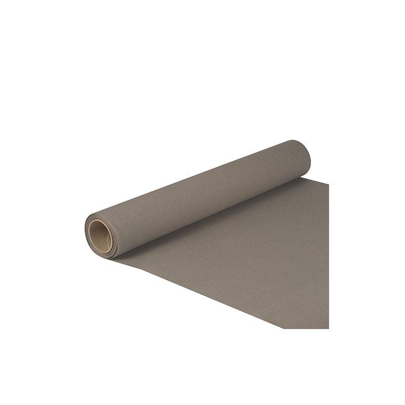 Rolka PAPSTAR bieżnika z tkaniny „ROYAL Collection“ o wymiarach 5 m x 40 cm i z certyfikatem FSC® jest częściowo rozwinięta i ukazuje gładką powierzchnię. Umieszczona na białym tle, po lewej stronie widoczny jest rdzeń.