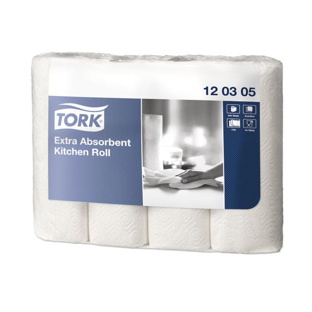 Pudełko Tork 120305 ekstra chłonnych ręczników kuchennych Premium 3-warstwowych, wyprodukowanych przez TORK – Essity Professional Hygiene Germany GmbH, zawiera 48 rolek. Przeważnie białe opakowanie z niebieskimi akcentami pokazuje zdjęcie produktu, logo i symbole użytkowania. Etykieta „120305” podkreśla ekstra chłonny design.