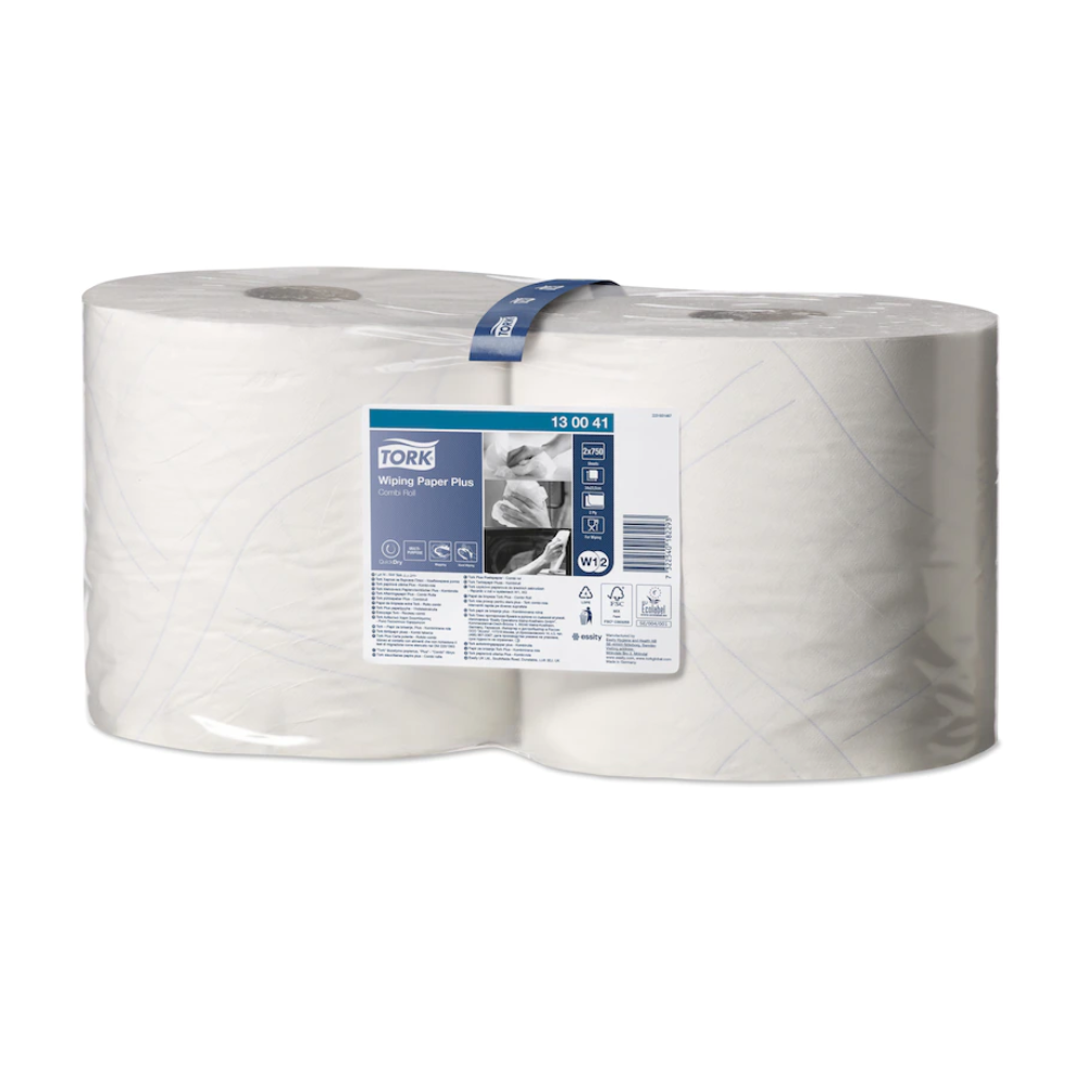 Opakowanie z dwiema dużymi rolkami Tork 130041 Mocne wielozadaniowe ręczniki papierowe Premium, częściowo zapakowane w przezroczysty plastik. Etykieta przedstawia szczegóły produktu i znaki towarowe w niebiesko-białej kolorystyce. Te ręczniki QuickDry™ są kompatybilne z dozownikami Tork i można je łatwo używać.