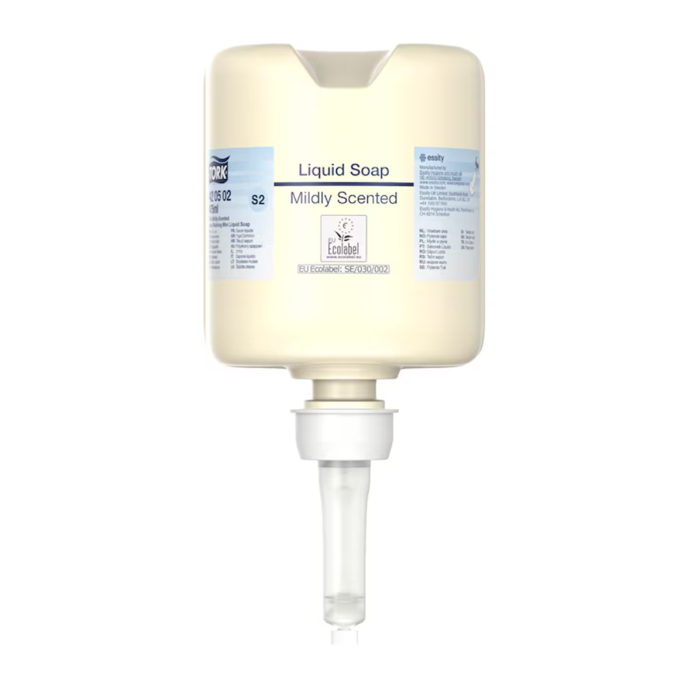 Beżowy pojemnik dozujący z napisem „Tork 420502 Mini Mydło w płynie, delikatnie pachnące” o pojemności 475 ml posiada praktyczną pompkę. Ten produkt od TORK – Essity Professional Hygiene Germany GmbH został zaprojektowany z myślą o doskonałej higienie rąk i jest oznaczony różnymi znakami i logotypami, w tym „Ecolabel”, które promuje przyjazną dla środowiska pielęgnację skóry.