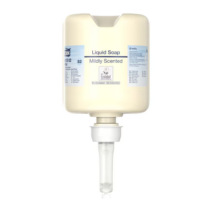 Beżowy pojemnik dozujący z napisem „Tork 420502 Mini Mydło w płynie, delikatnie pachnące” o pojemności 475 ml posiada praktyczną pompkę. Ten produkt od TORK – Essity Professional Hygiene Germany GmbH został zaprojektowany z myślą o doskonałej higienie rąk i jest oznaczony różnymi znakami i logotypami, w tym „Ecolabel”, które promuje przyjazną dla środowiska pielęgnację skóry.