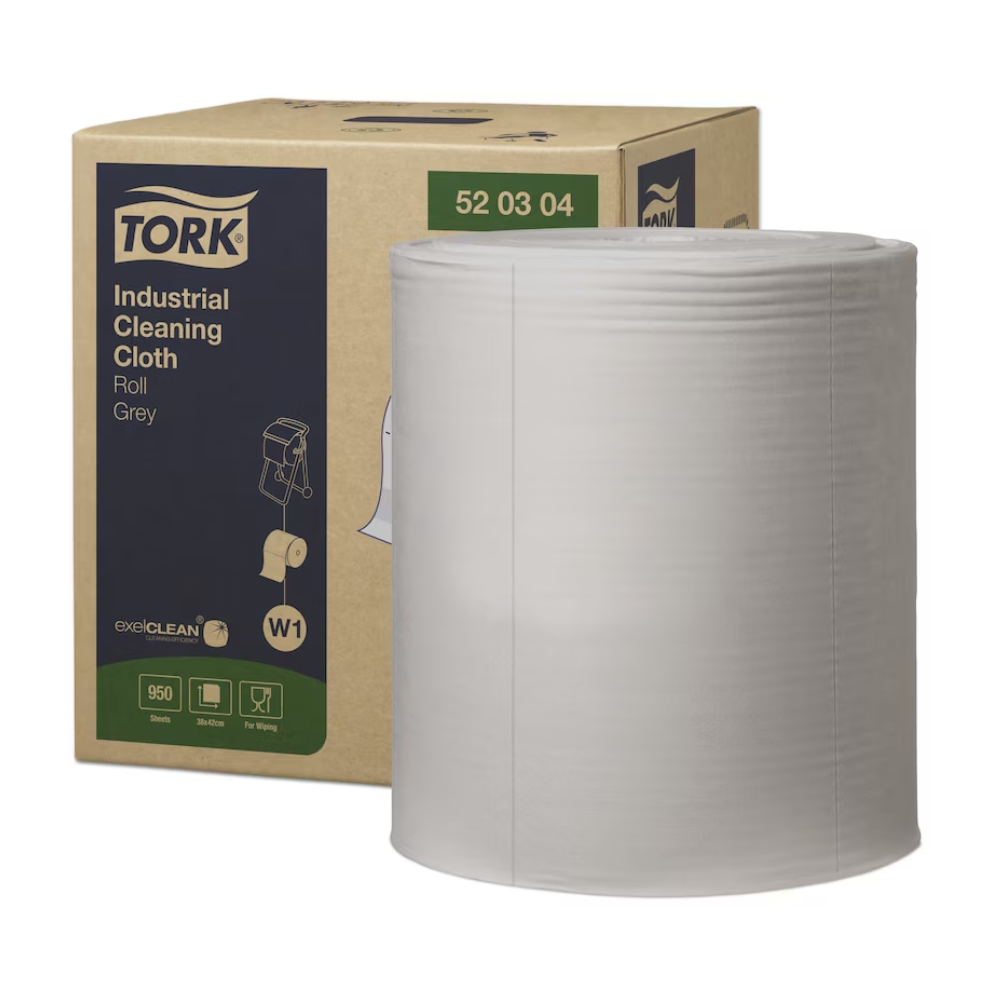 Abgebildet ist eine große Rolle grauer Tork 520304 Industrie Reinigungstücher in einer Schachtel mit der Aufschrift „TORK – Essity Professional Hygiene Germany GmbH“. Darauf ist eine Hand abgebildet, die ein Tuch herausstreckt, perfekt zum Entfernen von Öl, Fett und Schmutz.