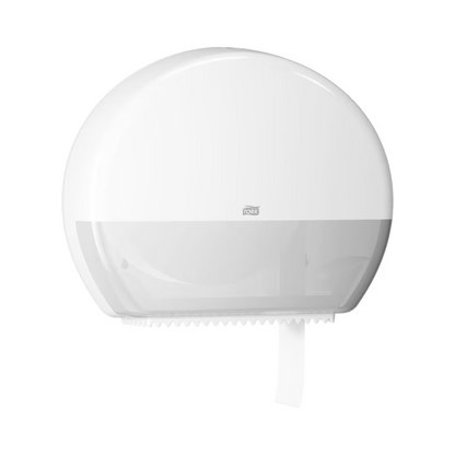 Dozownik do papieru toaletowego Jumbo Tork 554000 Elevation T1 od TORK, dostarczany przez Essity Professional Hygiene Germany GmbH, to biały, montowany na ścianie dozownik papieru toaletowego z półprzezroczystą dolną częścią. Jest zaprojektowany do często uczęszczanych toalet (toalet o dużym natężeniu ruchu), aby efektywnie monitorować rolkę papieru toaletowego Jumbo wewnątrz.