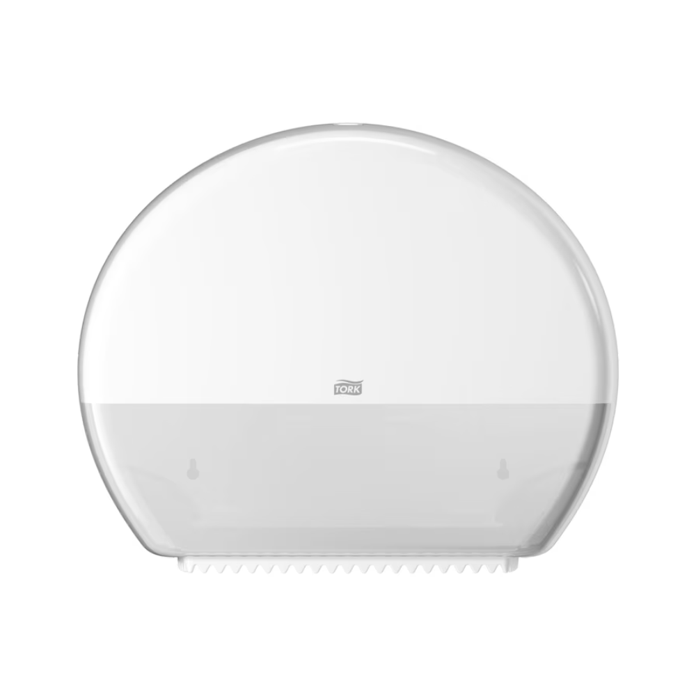 Dozownik do papieru toaletowego Jumbo Tork 554000 Elevation T1 od Essity Professional Hygiene Germany GmbH to okrągły, biały dozownik z tworzywa sztucznego z półprzezroczystą dolną połową, idealny do toalet o dużym natężeniu ruchu. Jego gładka powierzchnia zewnętrzna posiada małe logo w środku, co umożliwia łatwe monitorowanie poziomu papieru wewnątrz.