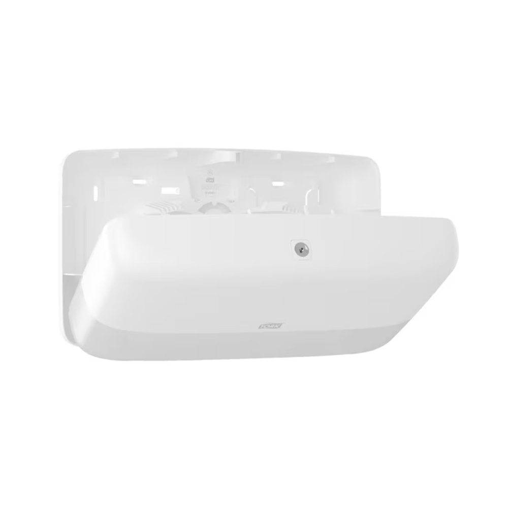 A Tork 555500 Doppelrollenspender für Mini Jumbo Toilettenpapier T2 | Packung (1 Stück) von TORK ist unverzichtbar für Waschräume mit hoher Besucherfrequenz. Die Lichtabdeckung ist teilweise geöffnet, so dass die inneren Komponenten und die Verkabelung sichtbar sind.