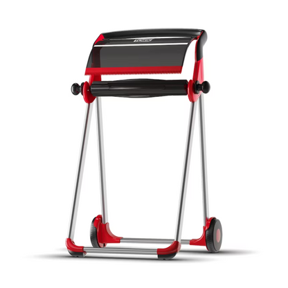 Tork 652008 dozownik na rolki stojak podłogowy Performance W1 od TORK - Essity Professional Hygiene Germany GmbH to składany, czerwono-czarny stojak na rolki z kółkami, który doskonale nadaje się do trzymania i rozwijania papieru do pakowania prezentów. Ten mobilny dozownik ma kompaktowy design z ząbkowaną krawędzią do wygodnego cięcia i oferuje elegancką wydajność.