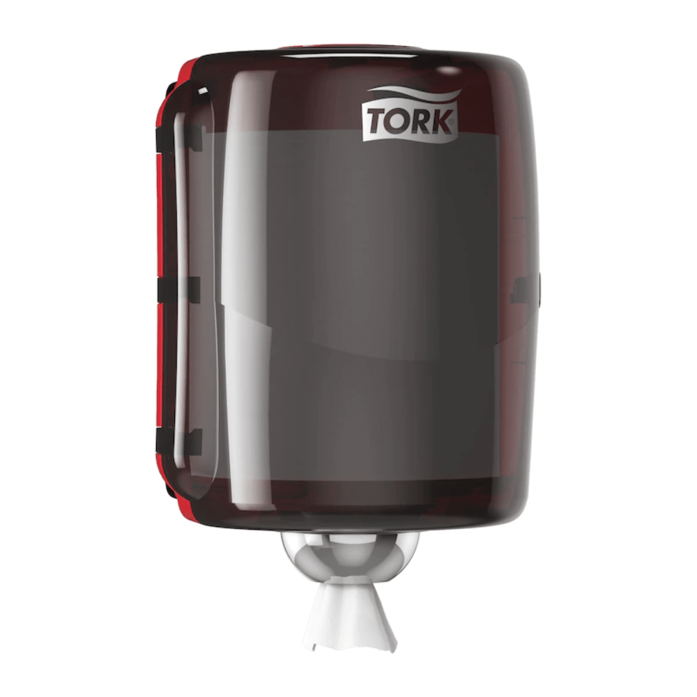 Tork 653008 Maxi dozownik do ręczników wewnętrznych Performance W2, produkt TORK – Essity Professional Hygiene Germany GmbH, to czarny dozownik do ręczników papierowych z błyszczącą powierzchnią. Posiada wydajny design i ma widoczny ręcznik papierowy wystający z dolnej części, wszystko chronione przez osłonę chroniącą przed rozpryskami.