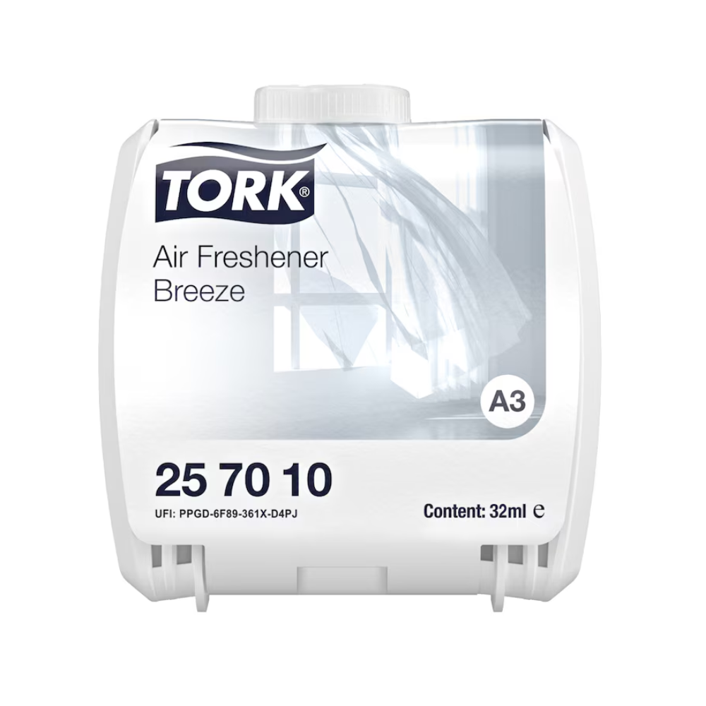Kontynuacyjny odświeżacz powietrza Tork od TORK – Essity Professional Hygiene Germany GmbH o nazwie „Air Freshener Breeze” i kodzie „25 70 10” posiada wskaźnik poziomu napełnienia i jest dostarczany w opakowaniu przedstawiającym biały zasłonę delikatnie falującą na wietrze, zawierającym 32 ml produktu.