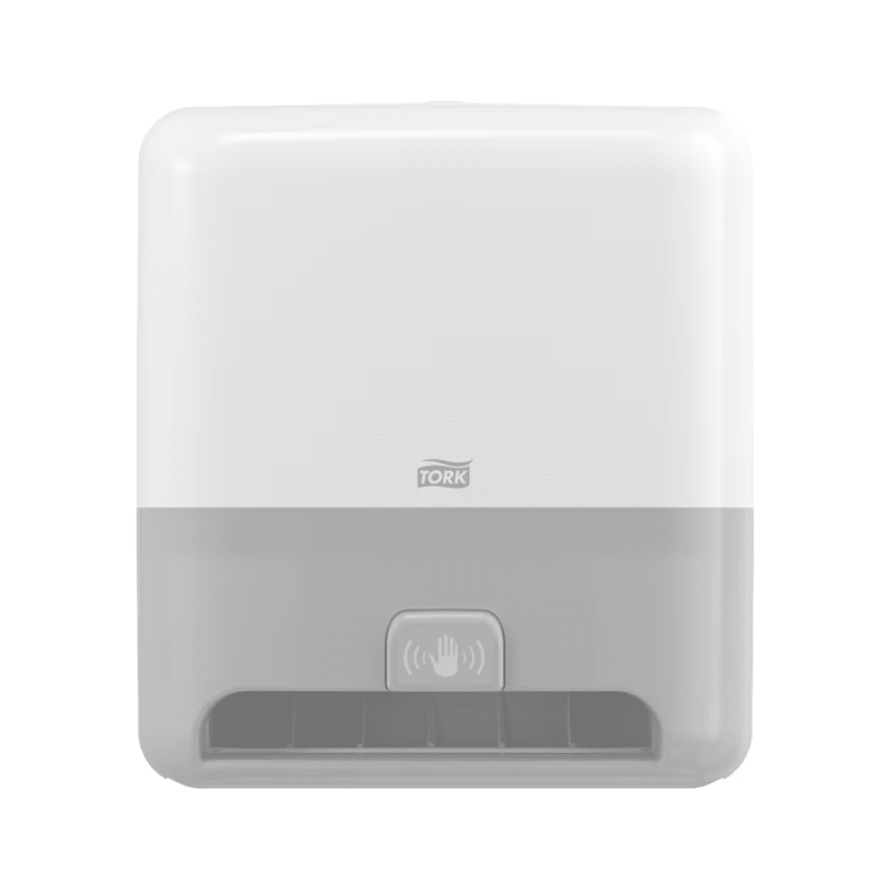 Tork Matic® 551100 dozownik sensorowy do ręczników w roli Elevation H1, produkowany przez TORK – Essity Professional Hygiene Germany GmbH, to stylowy, biały i szary automatyczny dozownik ręczników papierowych do montażu na ścianie. Posiada symbol czujnika dłoni na środku dolnej części, co umożliwia bezdotykowe suszenie rąk. Logo marki jest wyraźnie umieszczone na górnej przedniej stronie, symbolizując jakość i elegancję w każdym otoczeniu.