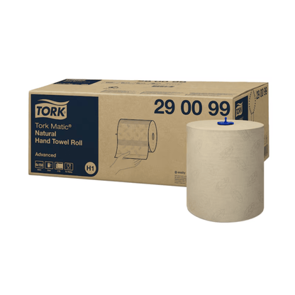 Karton z napisem „Tork Matic® Rollenhandtuch Advanced H1 2-lagig“ od TORK – Essity Professional Hygiene Germany GmbH stoi obok pojedynczej beżowej rolki ręcznika, zaprojektowanej do efektywnego suszenia rąk. Karton podkreśla Advanced System H1 i zawiera numer modelu 29 00 99 oraz szczegółowe ilustracje i specyfikacje.