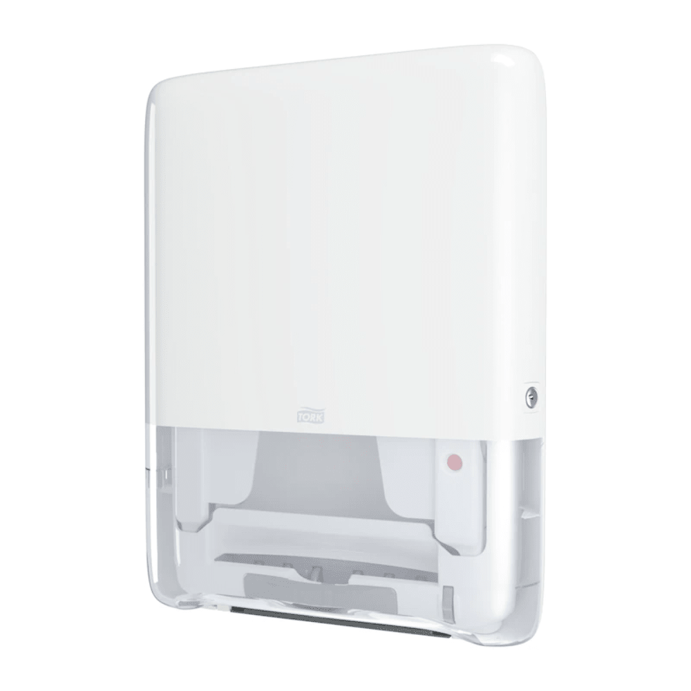 Mini dystrybutor ręczników bezkońcowych Tork PeakServe® H5 od Essity Professional Hygiene Germany GmbH to biały, ścienny dozownik ręczników papierowych z eleganckim designem, który idealnie nadaje się do często uczęszczanych toalet. Posiada przezroczystą dolną część do łatwego monitorowania poziomu papieru i zamek na klucz w górnym prawym rogu. Oferuje podobną wydajność do znanych produktów Tork PeakServe.