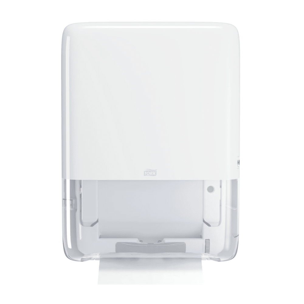 Mini dystrybutor ręczników bezkońcowych Tork PeakServe® 552550 H5, produkowany przez TORK – Essity Professional Hygiene Germany GmbH, to białe urządzenie ścienne z przezroczystym dolnym elementem, w którym mieści się pojedynczy arkusz ręcznika papierowego. Jego smukły i nowoczesny design czyni go idealnym do często uczęszczanych toalet.