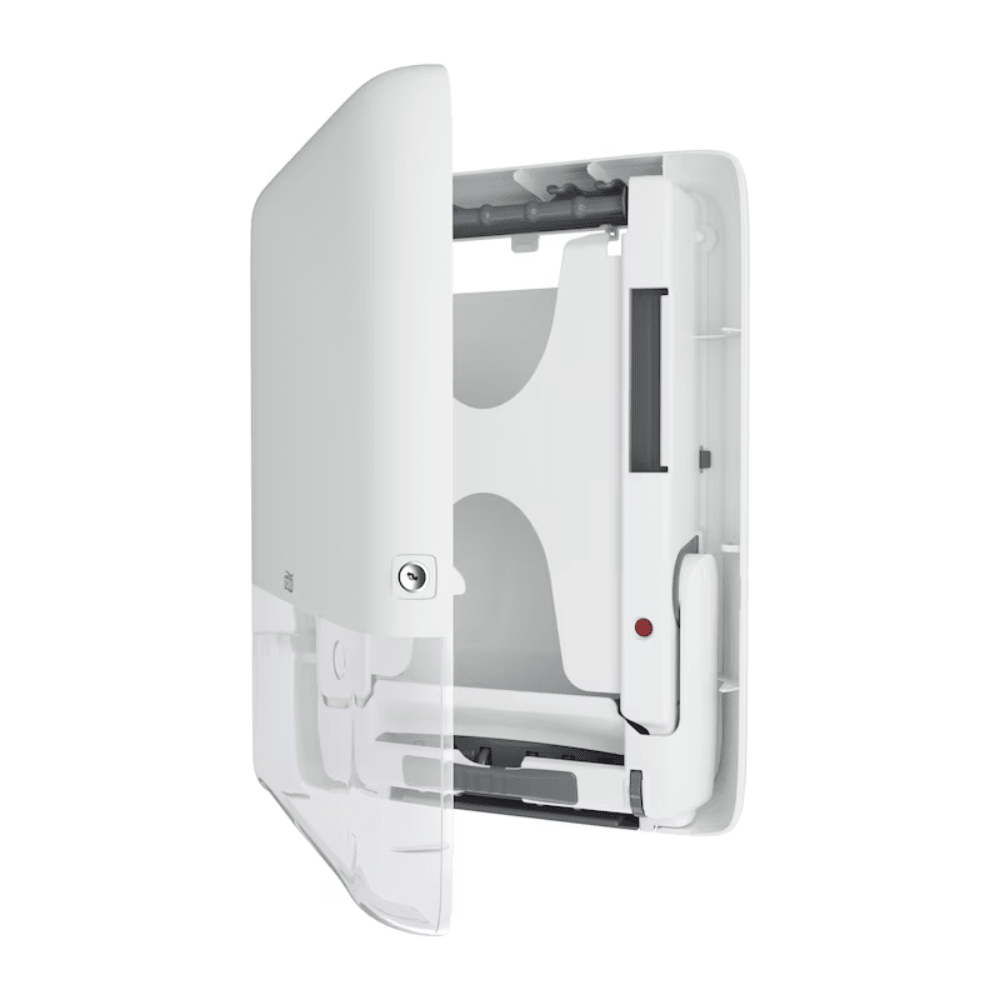 Mini-dystrybutor ręczników bezkońcowych Tork PeakServe® 552550 od TORK – Essity Professional Hygiene Germany GmbH ma białą, otwartą konstrukcję do montażu na ścianie z przezroczystą dolną częścią, która pokazuje wewnętrzny mechanizm do przechowywania i wydawania ręczników papierowych. Ta smukła konstrukcja jest idealna do często uczęszczanych toalet i zapewnia wydajność w często uczęszczanych komercyjnych lub publicznych toaletach.