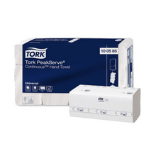 Ręczniki Tork PeakServe® 100585 Endless™ od Essity Professional Hygiene Germany GmbH charakteryzują się opakowaniem, które jest głównie białe z niebieskimi akcentami i tekstem. Te jednowarstwowe uniwersalne ręczniki są znane ze swojej miękkości i chłonności, co czyni je idealnymi skompresowanymi ręcznikami do środowisk o dużym natężeniu ruchu. Produkt jest dostępny w kartonie zawierającym 12 opakowań.