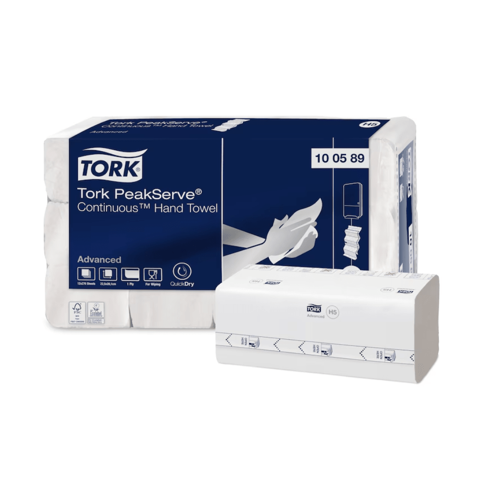 Na opakowaniu ręczników Tork PeakServe® 100589 Endlos™ Advanced H5 1-warstwowe wyraźnie widoczna jest nazwa produktu i logo, w towarzystwie ilustracji pojedynczego wyciągania ręcznika. Otaczające symbole podkreślają cechy takie jak wysoka pojemność i szybkie wyciąganie. Numer opakowania 100589 jest wyraźnie widoczny.