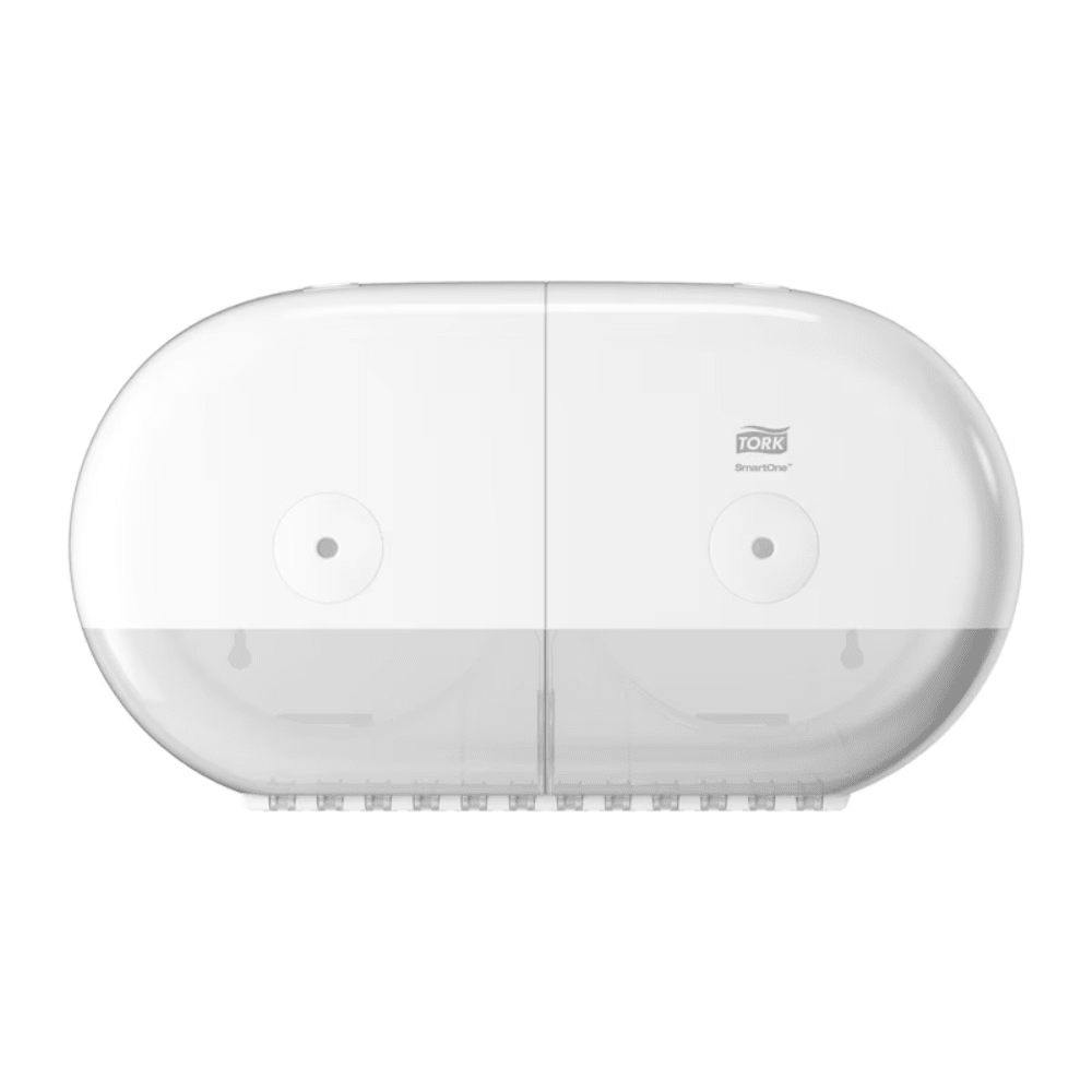 Tork SmartOne® 682000 Mini podwójny dozownik rolek papieru toaletowego T9 od Essity Professional Hygiene Germany GmbH to biały podwójny dozownik papieru toaletowego z przezroczystym dołem, który sprytnie mieści dwie rolki. Jego smukły, zaokrąglony design czyni go doskonałym wyborem do toalet komercyjnych lub publicznych, oferując zarówno funkcjonalność, jak i elegancję.