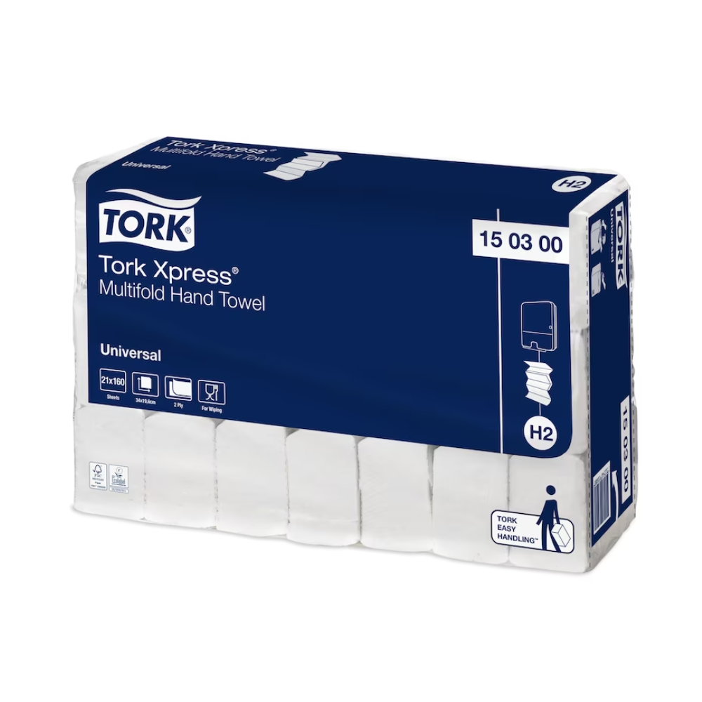 Przedstawiamy ręczniki składane Tork Xpress® 150300 Multifold Universal H2, produkt firmy TORK – Essity Professional Hygiene Germany GmbH. Niebiesko-białe opakowanie podkreśla takie szczegóły jak kompatybilność z systemem H2, z sześcioma wiązkami ręczników na opakowanie i przyjaznym dla użytkownika designem, który gwarantuje doskonałą higienę.