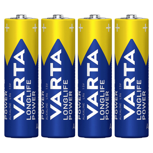 Cztery baterie Varta AG Industrial Pro Mignon AA ułożone pionowo w rzędzie, opatrzone niebieskimi i żółtymi etykietami firmowymi.