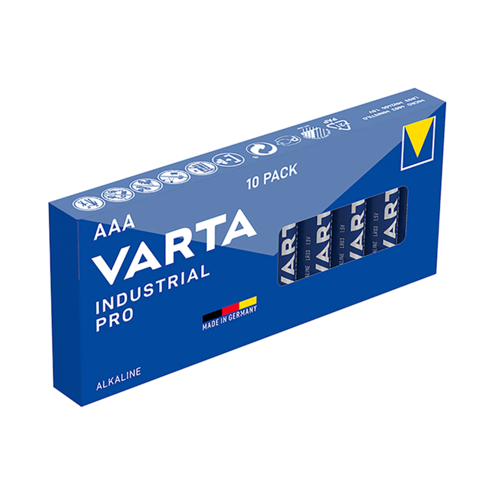 Niebieskie, prostokątne pudełko z napisem "Varta Industrial Pro Micro Batterie 4003 LR03 AAA, 10 sztuk" od Varta AG, wyprodukowane w Niemczech, ma okienko, w którym widać cztery baterie przeznaczone do użytku profesjonalnego.