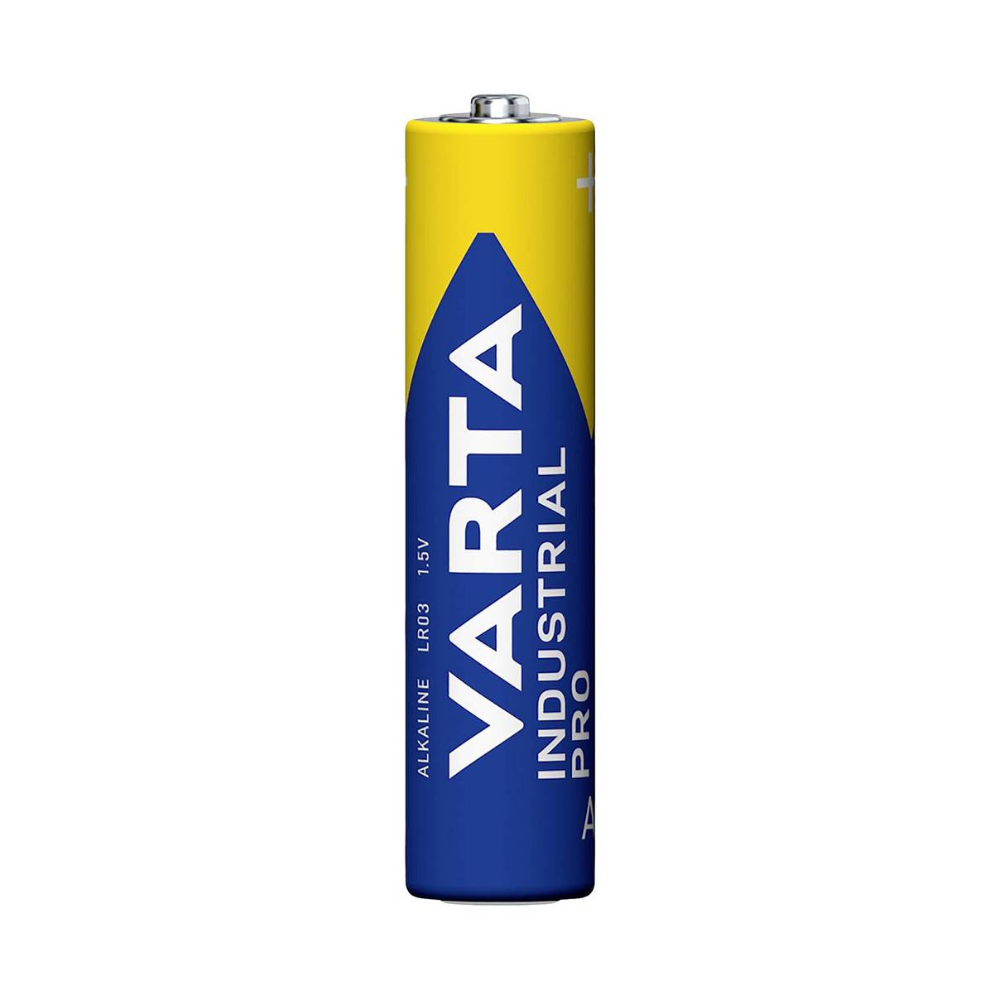 Bateria Varta AG Industrial Pro Micro 4003 LR03 AAA (wycofany produkt, 1,5V) z żółtą pokrywką i niebieską obudową stoi pionowo. Zaprojektowana do użytku profesjonalnego, opakowanie zawiera 10 sztuk i pokazuje nazwę marki Varta białymi literami.