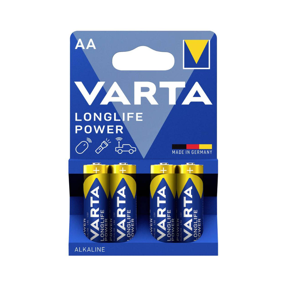 Opakowanie 4 sztuk baterii Varta Longlife Power 4906 AA LR6 firmy Varta AG w niebiesko-żółtej folii - "Made in Germany" - z symbolami dla pilotów, samochodów i zabawek; idealne dla urządzeń o wysokim zużyciu prądu.