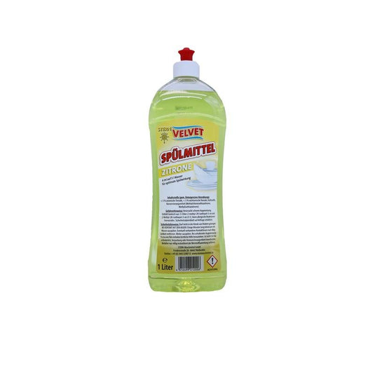 1-litrowa plastikowa butelka płynu do mycia naczyń Velvet w kolorze żółtym Stern Waschmittel GmbH z czerwonym zamknięciem typu flip-top oraz żółtą etykietą zawierającą informacje o produkcie w języku niemieckim.