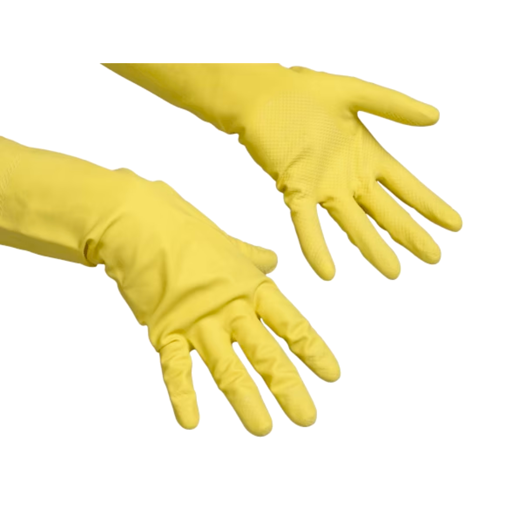 Vor einem weißen Hintergrund ist ein Paar gelbe Vileda Contract - Der Ökonomische, Naturlatex-Handschuh-Gummihandschuhe der Vileda GmbH mit verlängerten Bündchen zu sehen. Die Handschuhe sind ideal für Reinigungsarbeiten, haben strukturierte Handflächen für besseren Halt und eignen sich perfekt für den Einsatz im HoReCa-Sektor.