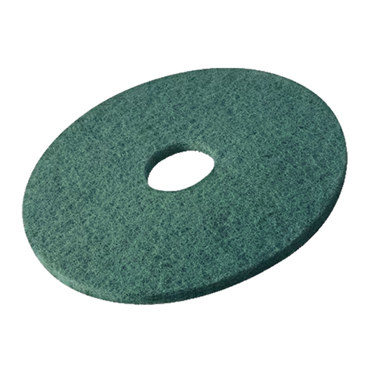 Die Vileda Professional Superpad Bodenscheibe mit einem Durchmesser von 33-50 cm ist ein runder, grüner Scheuerschwamm mit einem Loch in der Mitte. Sie ist fachmännisch zum Reinigen oder Polieren von Oberflächen gefertigt und sorgt für Bodenbeschichtungen in Topqualität.