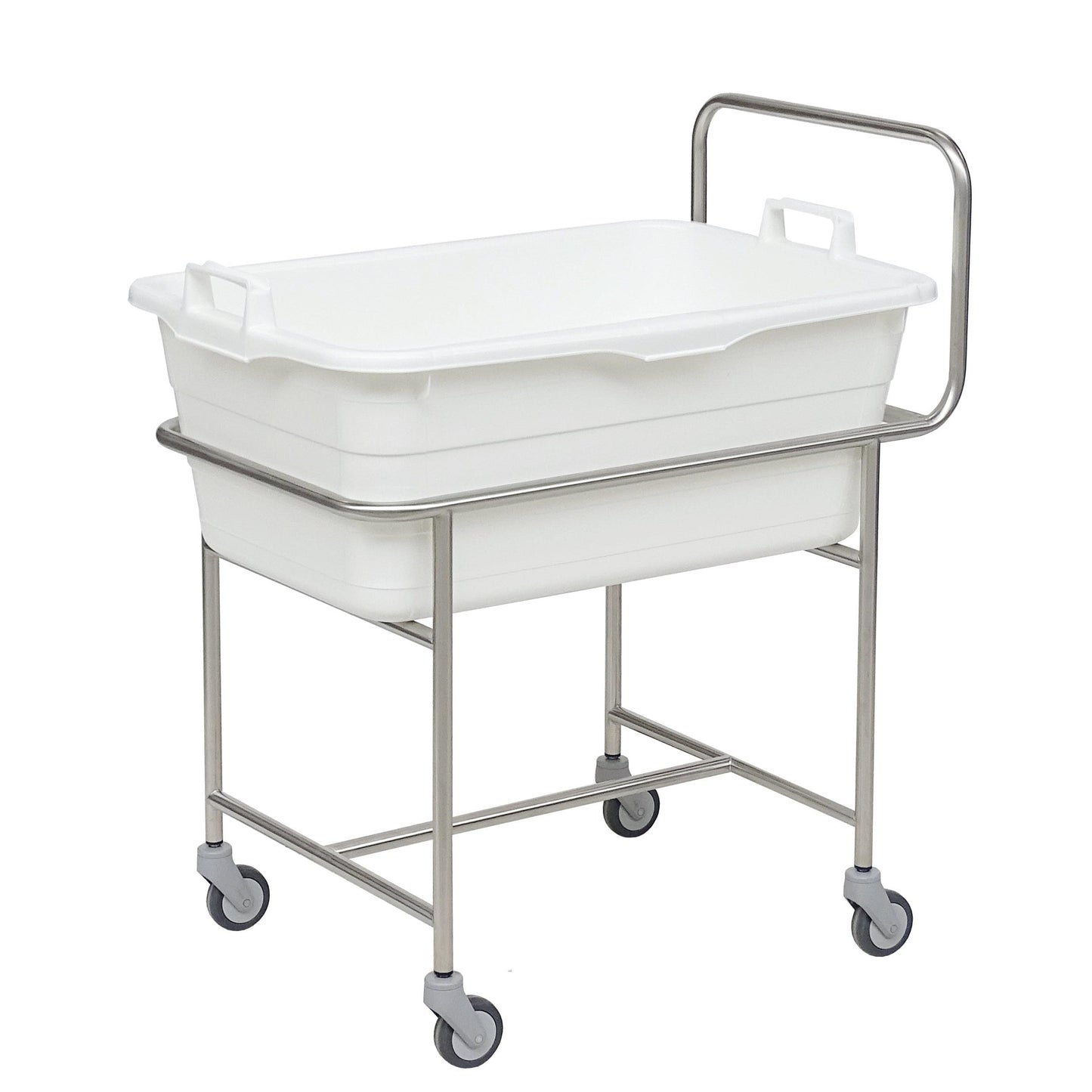 Das Novocal Edelstahl-Fahrgestell mit Schiebebügel verfügt über vier Ø 75 mm Leichtlauflenkrollen und hält eine weiße Kunststoffwanne mit Griffen.