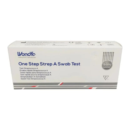 Na zdjęciu widnieje białe pudełko z napisem „Wondfo Streptokokken A Schnelltest – Scharlach Selbsttest“ od Altruan, idealne do wykrywania paciorkowców w domu. Opakowanie zawiera tekst w wielu językach oraz pieczęć jakości po prawej stronie, z czerwonymi i szarymi paskami na dole.