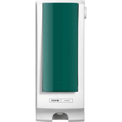 Przedni panel CWS do dozownika do czyszczenia deski sedesowej SeatCleaner do montażu na ścianie z zielonym panelem przednim, białą ramą, powierzchnią do naciskania u dołu i etykietą "CWS Hygiene".