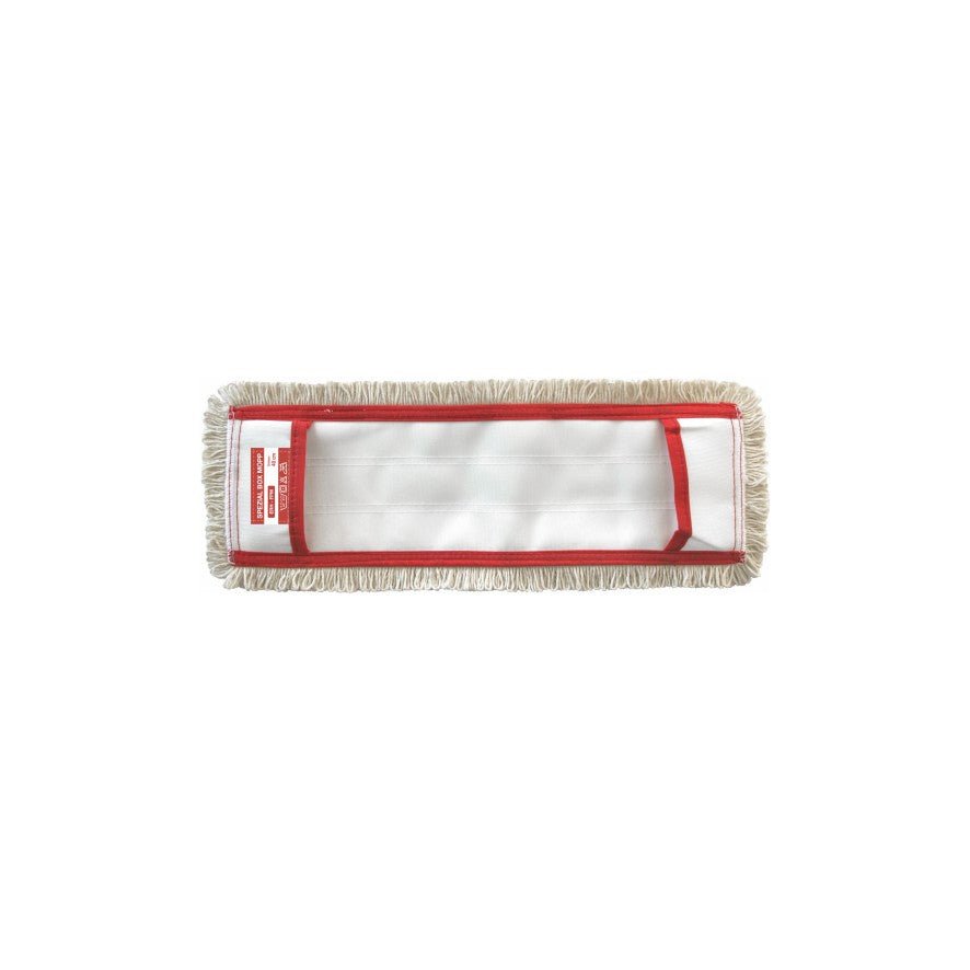 Specjalny mop płaski Arcora z pokrywą Fpm-Erh od Arcora International GmbH to prostokątny mop czyszczący z beżowymi frędzlami, białym środkiem, czerwoną obwódką i czerwonym etykietą z lewej strony, idealny do efektywnego czyszczenia podłóg na jednokolorowym białym tle.