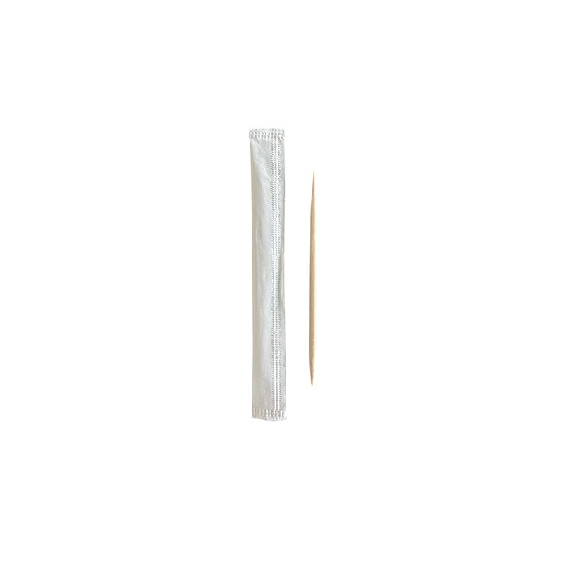 Ekologiczna wykałaczka PAPSTAR „pure“ z drewna leży obok białego, jednostkowego opakowania na prostym białym tle.