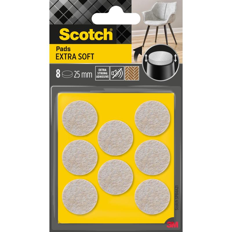Opakowanie 3M Scotch® Extra miękkie podkładki filcowe, samoprzylepne, beżowe, zawiera 8 okrągłych podkładek (każda 25 mm) na żółtym opakowaniu. Opakowanie ma bardzo mocny klej i jest przeznaczone do użytku na meblach.