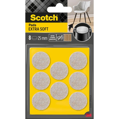 Opakowanie 3M Scotch® Extra miękkie podkładki filcowe, samoprzylepne, beżowe, zawiera 8 okrągłych podkładek (każda 25 mm) na żółtym opakowaniu. Opakowanie ma bardzo mocny klej i jest przeznaczone do użytku na meblach.