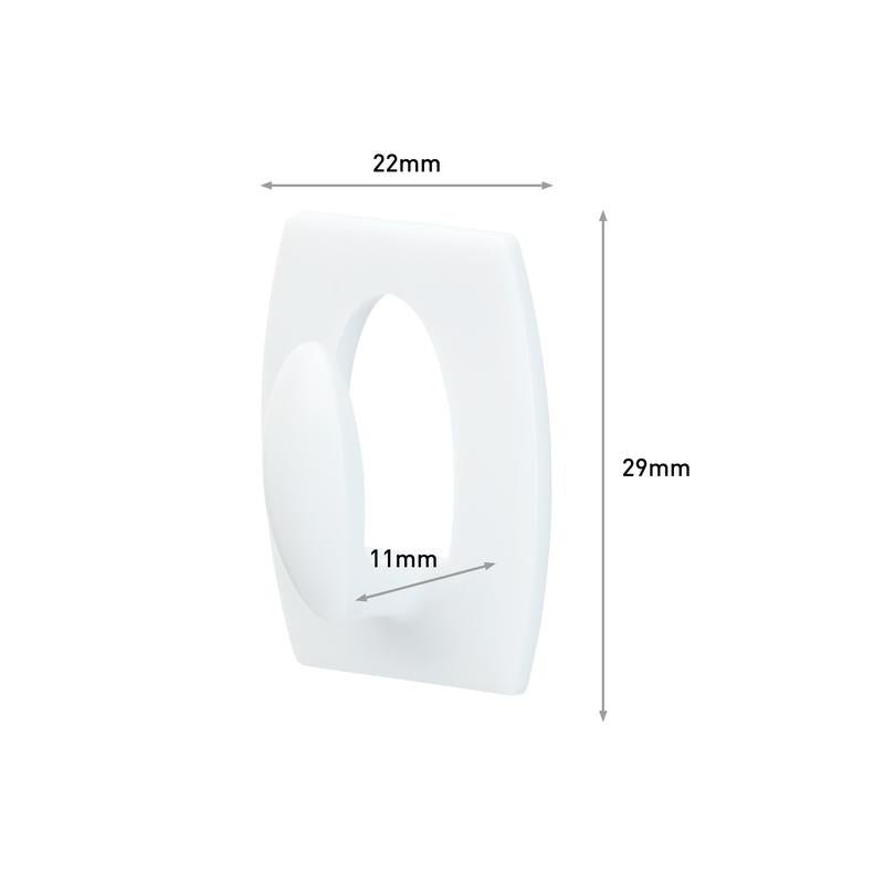Command™ Mini-wieszak 17006 od 3M Deutschland GmbH to biały prostokątny wieszak (22x29mm) z zaokrąglonymi krawędziami i owalem wewnętrznym 11mm. Strzałki wskazują wymiary. Idealny do zawieszania bez wiercenia i łatwo usuwalny bez pozostawiania śladów.
