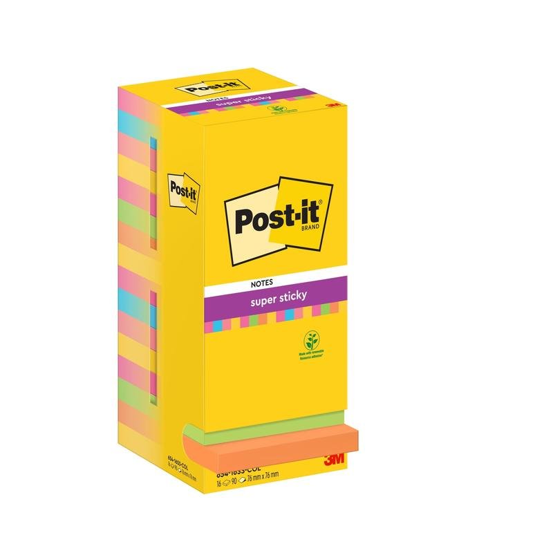 Opakowanie z 16 Post-it® Super Sticky Notes (76 x 76 mm, 90 arkuszy/blok) w różnych kolorach firmy 3M Deutschland GmbH, certyfikowane PEFC (SGSCH-PEFC-COC-110078), z informacjami o produkcie i logami na białym pudełku.