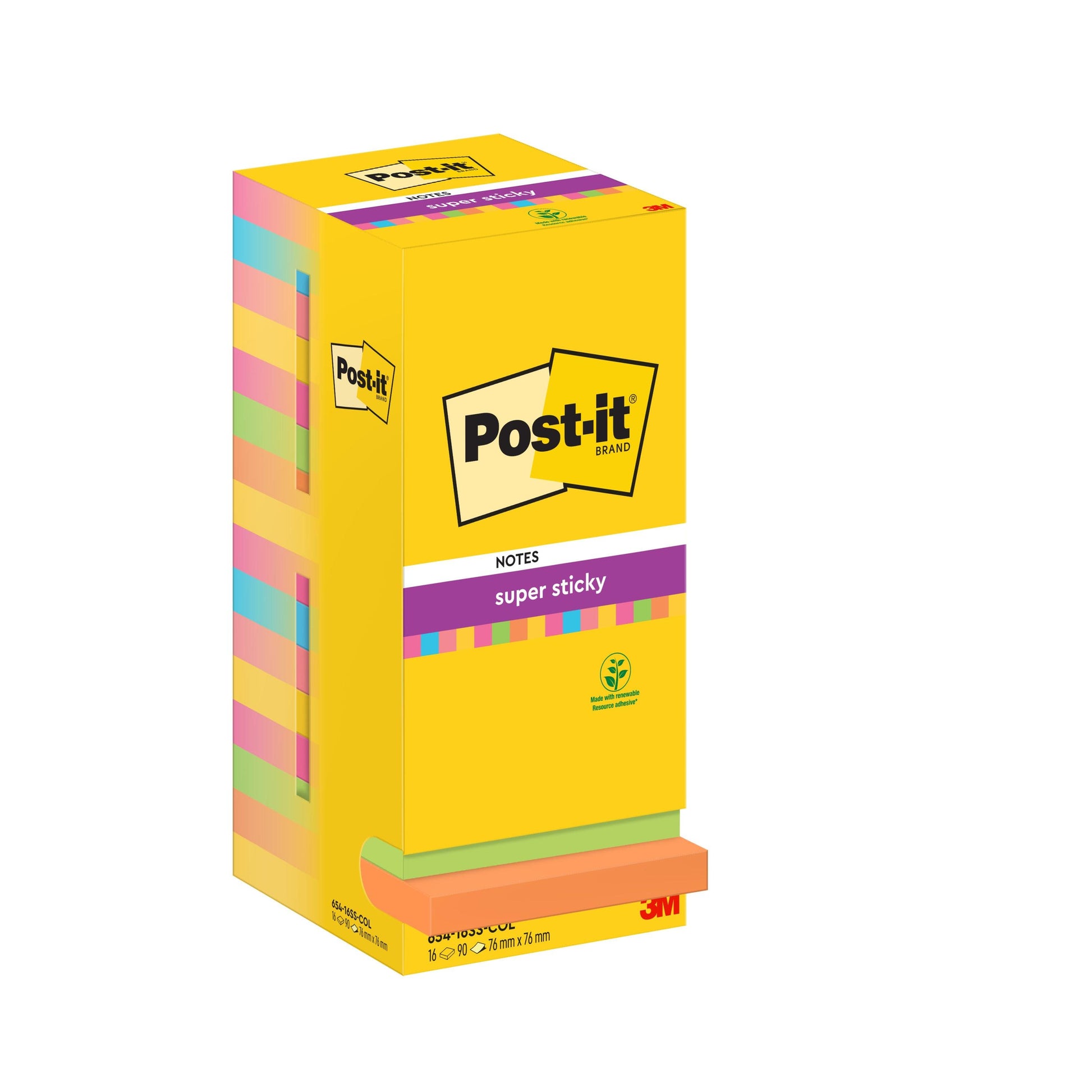 Eine Packung Post-it® Super Sticky Notes von 3M Deutschland GmbH, 76x76 mm, verschiedene Farben, 90 Blatt pro Block, 16 Blöcke pro Packung, PEFC zertifiziert. Die Verpackung zeigt das Logo und Bilder von bunten Haftnotizen.