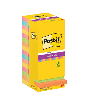Opakowanie z 16 Post-it® Super Sticky Notes (76 x 76 mm, 90 arkuszy/blok) w różnych kolorach firmy 3M Deutschland GmbH, certyfikowane PEFC (SGSCH-PEFC-COC-110078), z informacjami o produkcie i logami na białym pudełku.