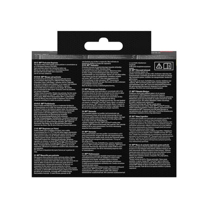 Tył maski cząsteczkowej 3M™ 8810, FFP2, bez zaworu (opakowanie 3 sztuki) od 3M Deutschland GmbH jest wyposażony w wielojęzyczny biały tekst na czarnym tle, zawieszkę z wycięciem u góry i dwa małe symbole w prawym górnym rogu.