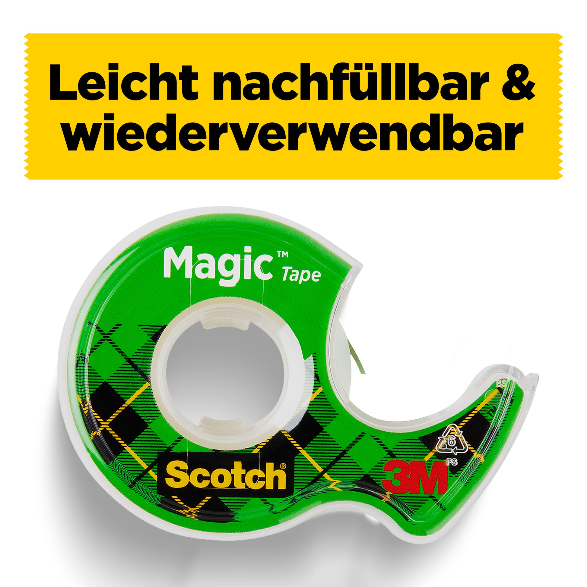 Ein Scotch® Magic™ Unsichtbares Klebeband Set (2 Rollen, 19 mm x 12 m + 3,2 m gratis) mit grün-klarer Abroller von 3M Deutschland ist unter gelbem Banner mit "Leicht nachfüllbar & wiederverwendbar" und sichtbarem 3M-Logo abgebildet.