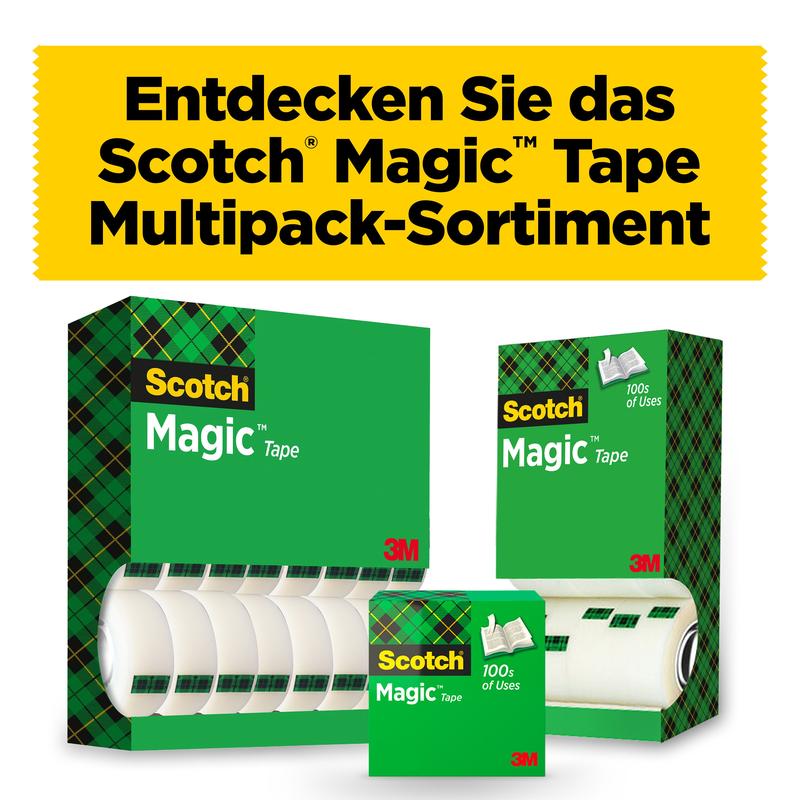 Przedstawiono opakowanie z 24 rolkami Scotch® Magic™ Invisible Tape (19 mm x 33 m) od 3M Deutschland GmbH. Zielone opakowanie w kratkę i żółty napis promocyjny wskazują na praktyczne opakowanie zbiorcze.