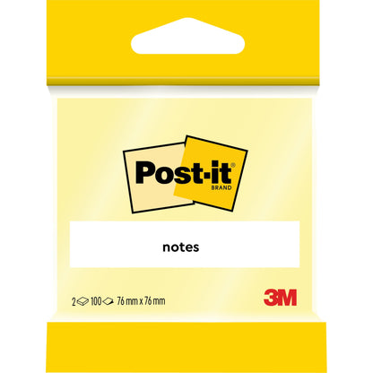 Zestaw karteczek Post-it® Notes od 3M Deutschland GmbH zawiera 2 bloki po 100 żółtych karteczek samoprzylepnych (76 x 76 mm), z papieru w 100% certyfikowanego przez PEFC, idealne do biura lub domu.
