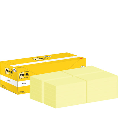 Żółte pudełko z karteczkami samoprzylepnymi Post-it® (76 mm x 127 mm, 100 kartek/blok, 18 bloków + 6 gratis) od 3M Deutschland GmbH jest przedstawione z ładnie ułożonymi żółtymi blokami karteczek; na opakowaniu widoczne jest logo Post-it oraz informacje o produkcie.